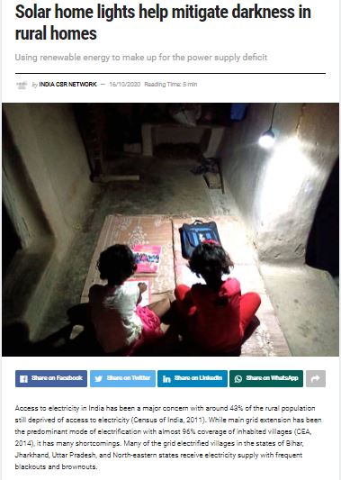 Solar home lights help mitigate darkness in rural homes (India CSR Network)